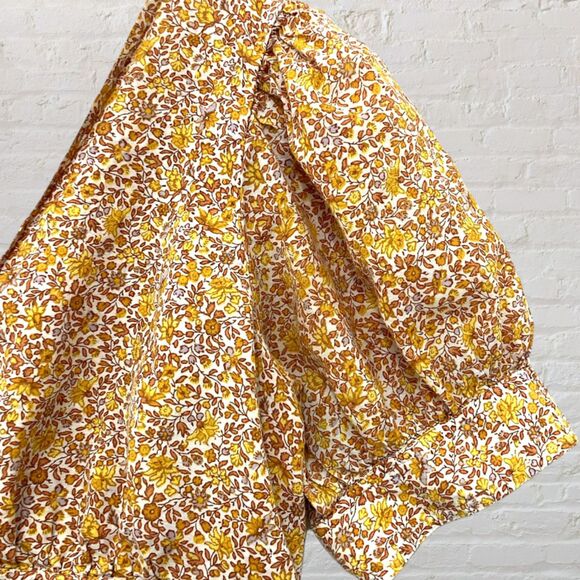 โจ J.Crew Deep V Puff Sleeve Blouse 16 ๐ Yellow Floral Peplum Cotton Blend ๐ธ - Picture 7 of 14